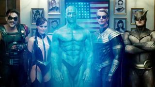 A picture of the Watchmen with Doctor Manhattan front and center during one of the best superhero movies ever made, Watchmen.