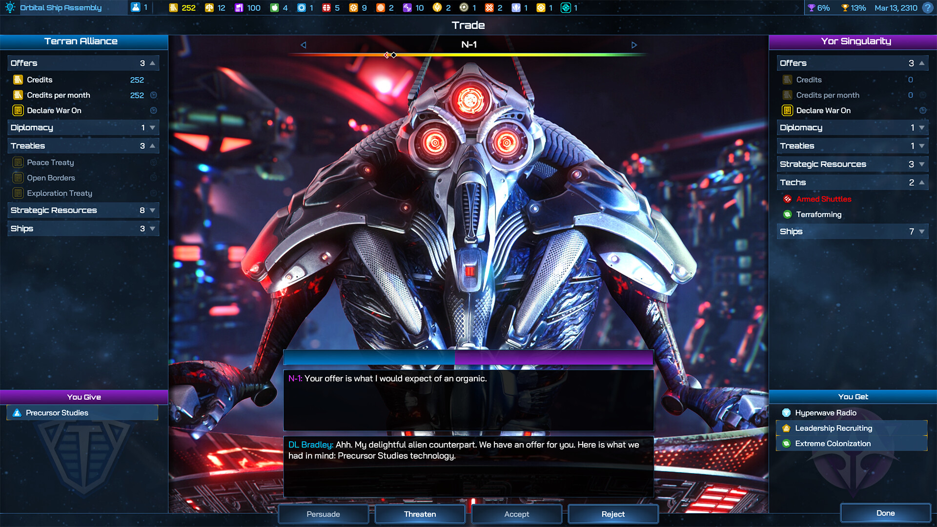A screenshot of a robotic alien diplomacy interaction during the 4X game, Galactic Civilizations 4