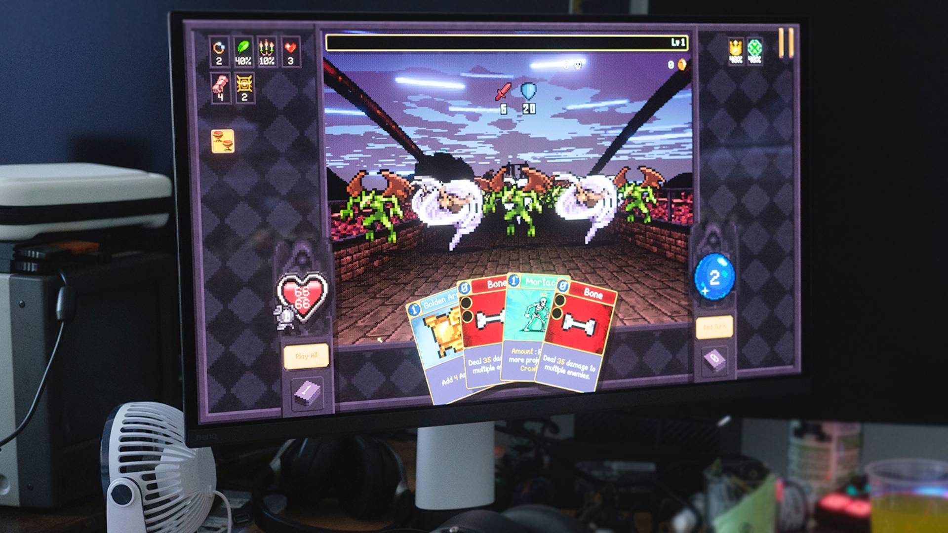 BenQ Mobiuz EX271UZ with Vampire Crawlers: The Turbo Wildcard gameplay on screen.