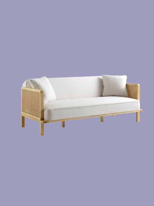 Pienza Cane Sofa Bed, Beige Woven Fabric with Natural Solid Oak Frame