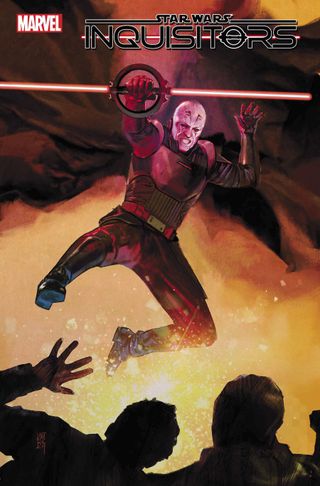 Cover image for "Star Wars: Inquisitors #1," showing a bald humanoid holding a red lightsaber leaping to avoid an explosion