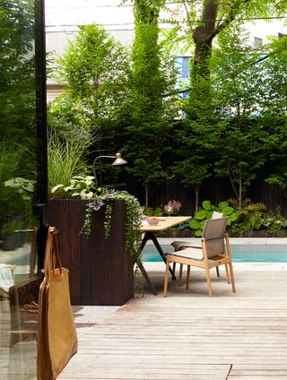 an outdoor garden surrounded by trees
