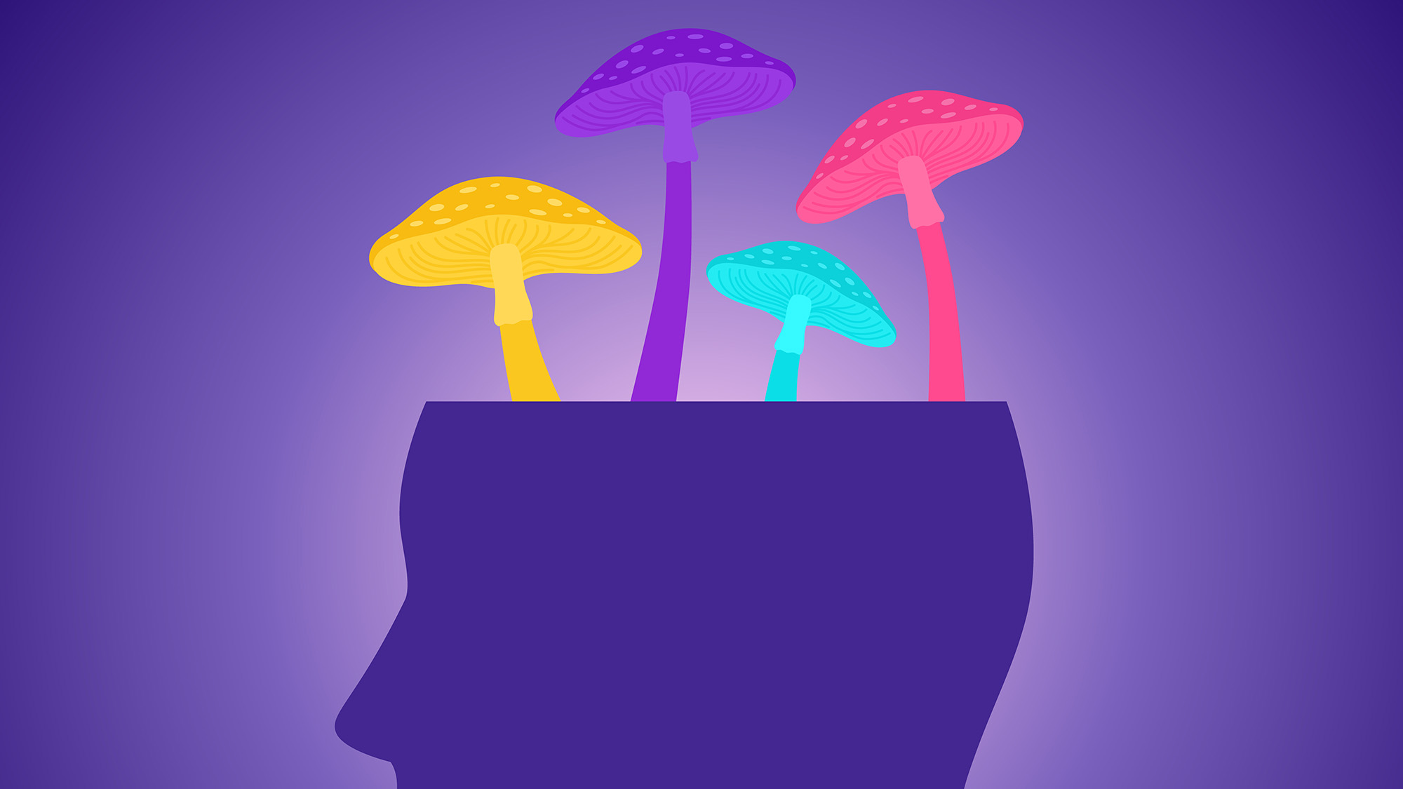 A cartoon of a series of mushrooms on a person's head.