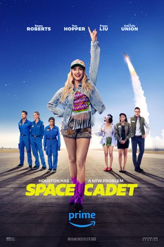 poster for the new film "space cadet," showing a woman on a runway in front of three people in blue flight suits and three other people in diverse dress.