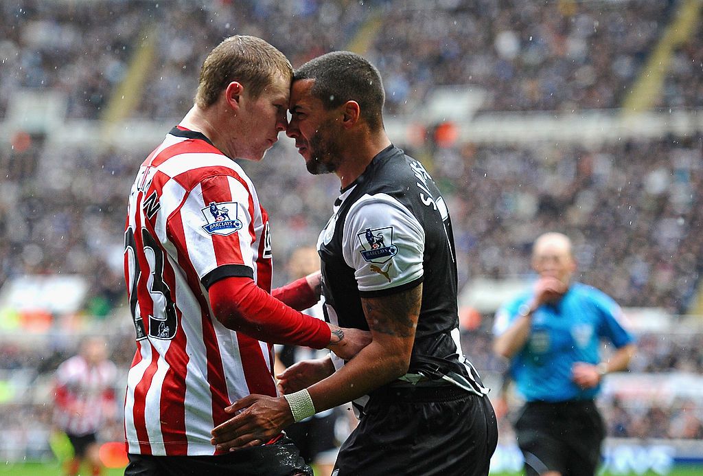  James McLean of Sunderland battles with Danny Simpson of Newcastle during the Barclays Premier League match between Newcastle United and Sunderland at Sports Direct Arena on March 4, 2012 in Newcastle upon Tyne, England