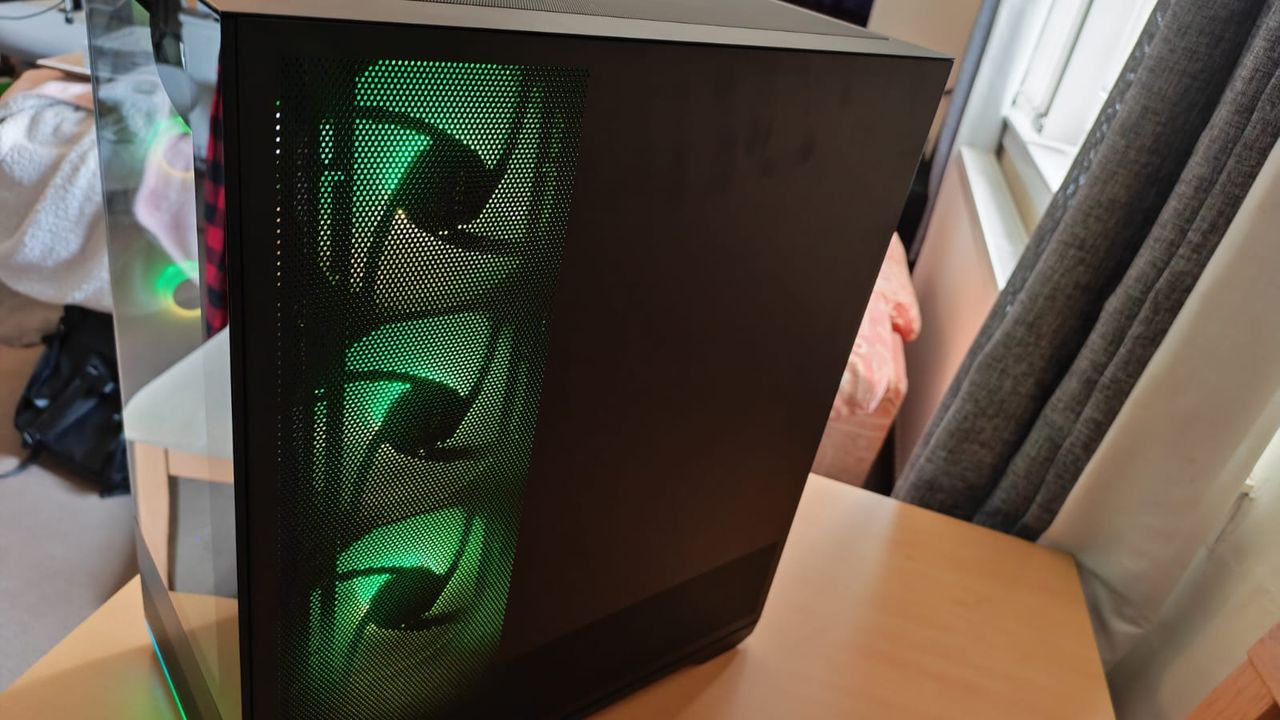 The reverse side of a Quoted Tech Horizon Custom gaming PC with its intake fans