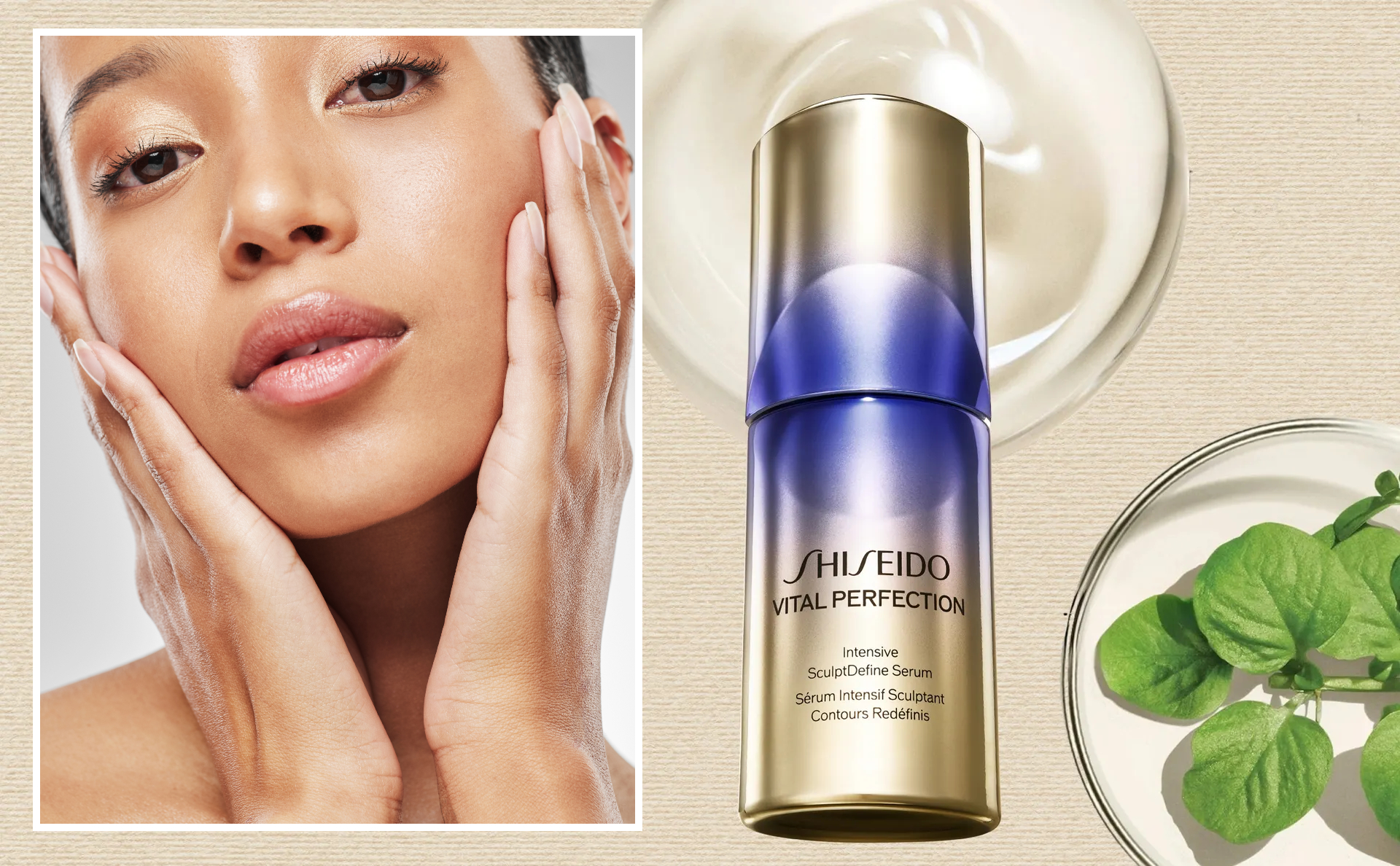 Shiseido Vital Perfection SculptDefine Serum on a womens face next to the bottle and ingredients