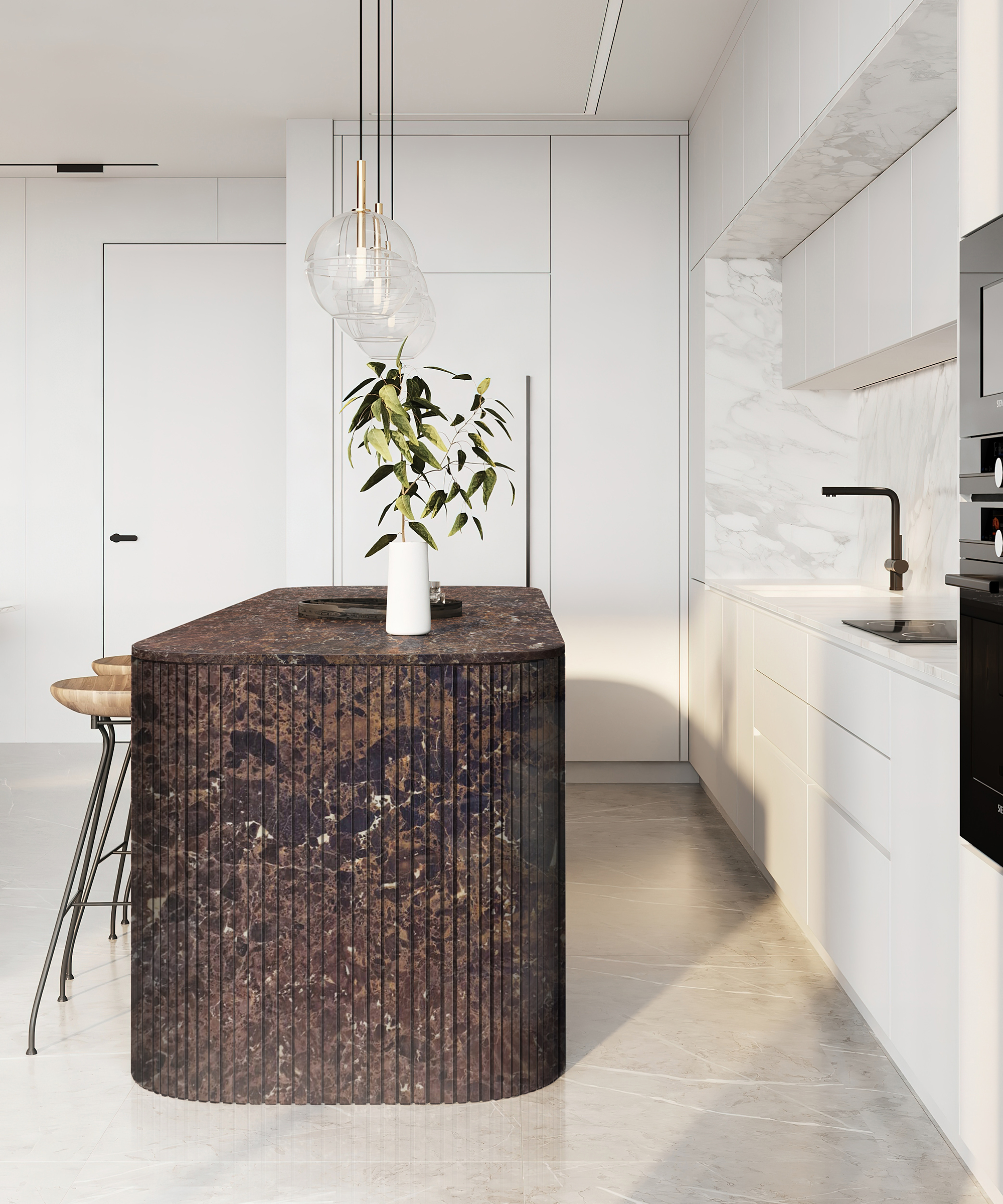 modern white kitchen with brown oval