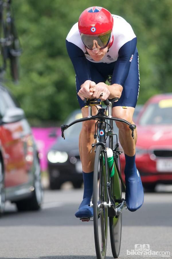 The winner Bradley Wiggins of GB - UK Sport Innovation bike with custom bar setup (as used on his Pinarello Graal at the Tour de France), taped over SRM power meter, adidas shoe covers and skinsuit, surprisingly conventional exposed Dura Ace brakes, Wiggo roundel on his UK Sport helmet and head badge, two energy gels up his shorts and a HED front wheel - all in all, very tidy