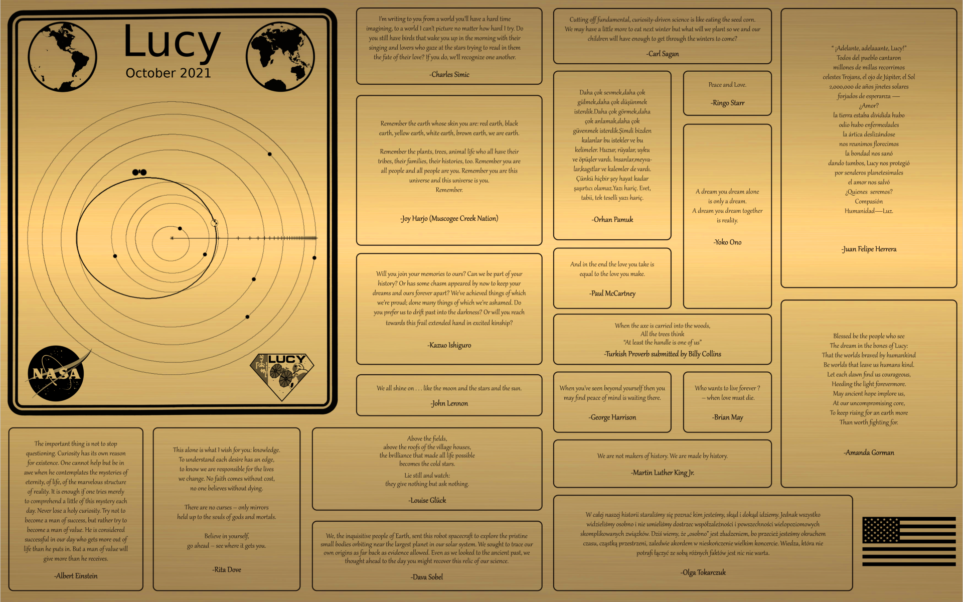 a golden plaque covered in short messages, with a series of concentric circles