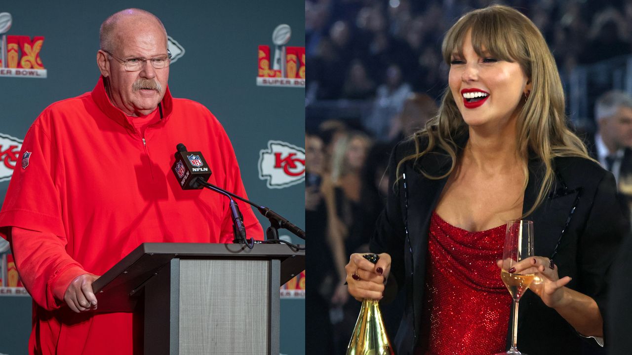 Andy Reid wearing a red jacket standing at a podium and a photo of Taylor Swift wearing a sequined red dress and black blazer holding a bottle of champagne and a flute laughing 