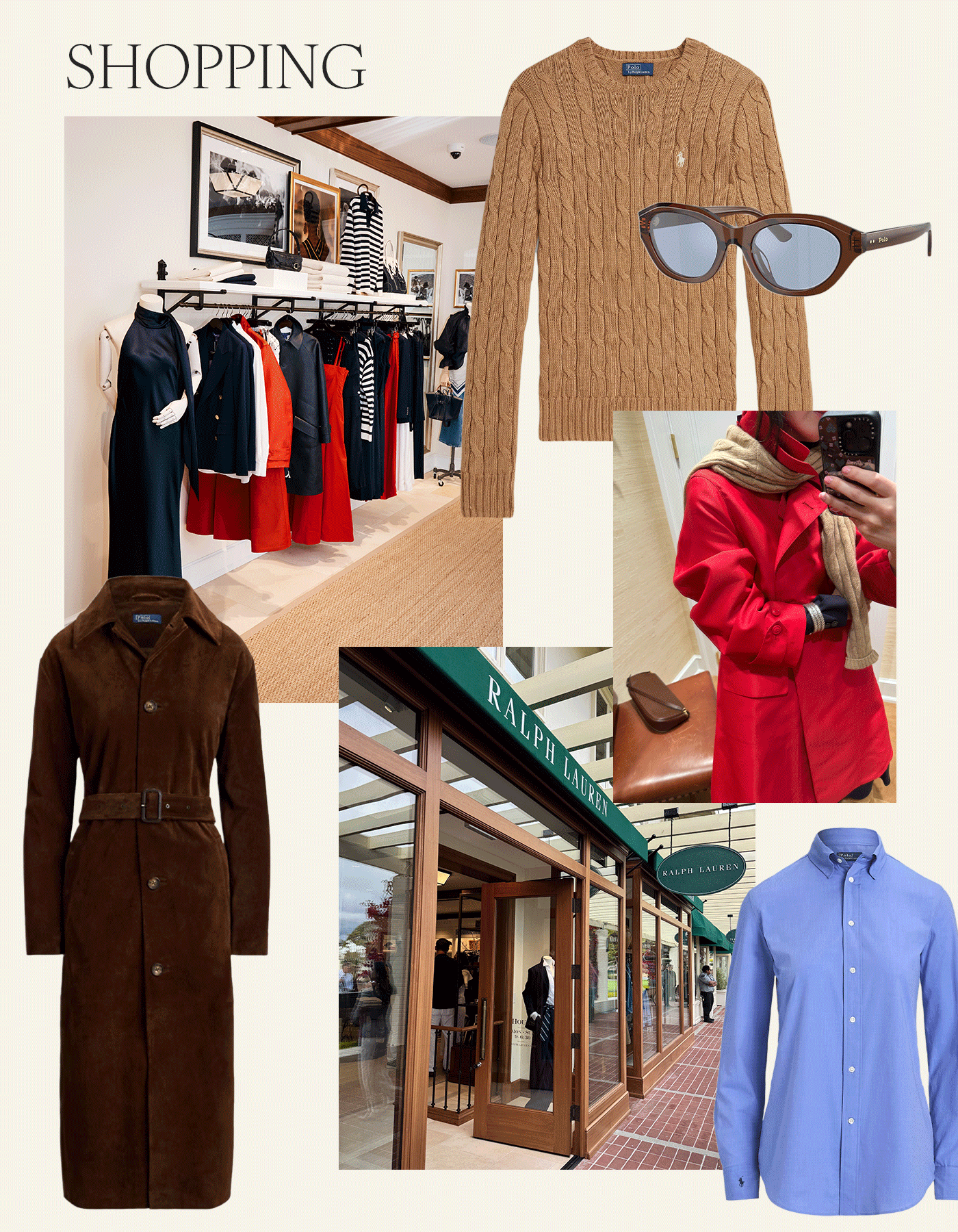 Collage featuring the Ralph Lauren store at Pebble Beach and clothing, including a suede jacket, sunglasses, a blue button-down shirt, and a cable-knit sweater.