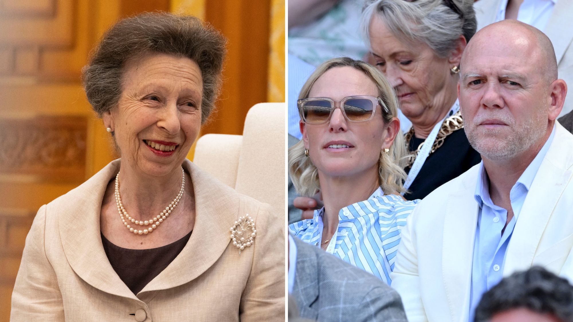 Princess Anne talks with South Korean President (not pictured) // Zara Tindall and Mike Tindall during day ten of the 2026 Wimbledon Tennis Championships 