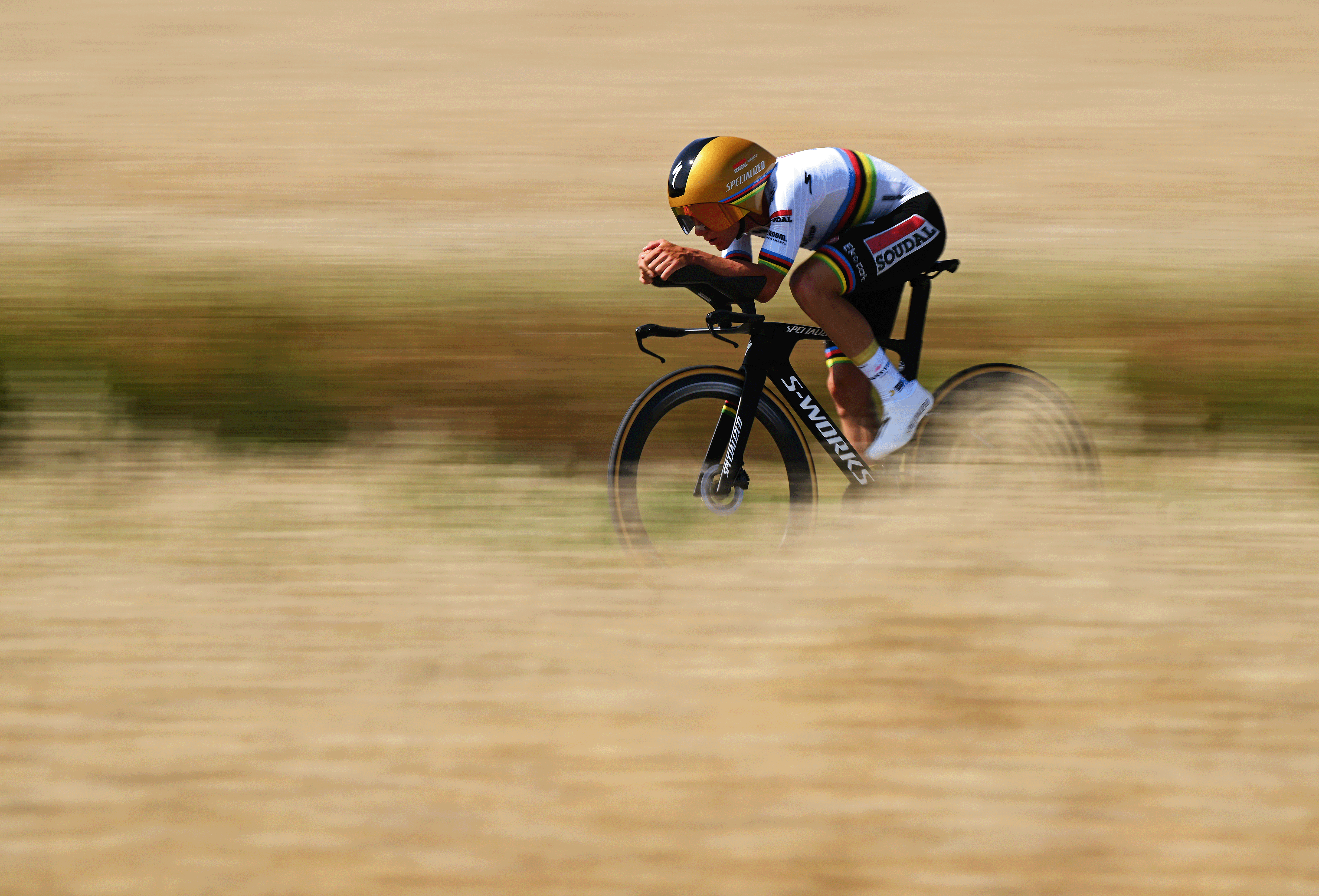SAINT-PERAY, FRANCE - JUNE 10: Remco Evenepoel of Belgium and Team Soudal Quick-Step competes during the 77th Criterium du Dauphine 2025, Stage 4 a 17.4km individual time trial stage from Charmes-sur-Rhone to Saint-Peray / #UCIWT / on June 10, 2025 in Saint-Peray, France. (Photo by Dario Belingheri/Getty Images)