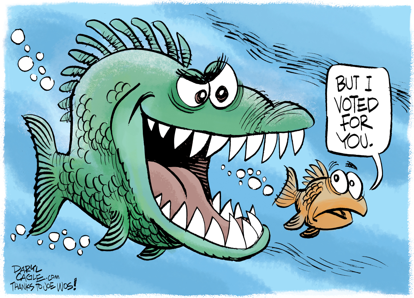 This political cartoon takes place underwater. A mean-looking, large fish with sharp teeth is at left about to eat a smaller fish. The smaller fish says, "But I voted for you."