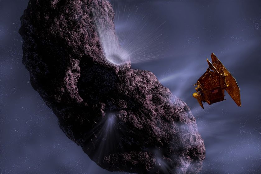 Artist's conception of EPOXI during its previous mission, called Deep Impact, when it visited Comet Tempel 1. 