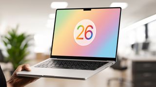 A render of the Apple macOS 26 logo on a MacBook.