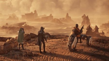 Three players look out over Arrakis. One is sat on a bike