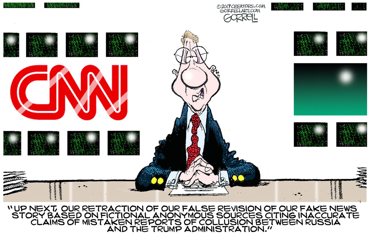 Political cartoon U.S. CNN fake news cycle media revision Russia investigation