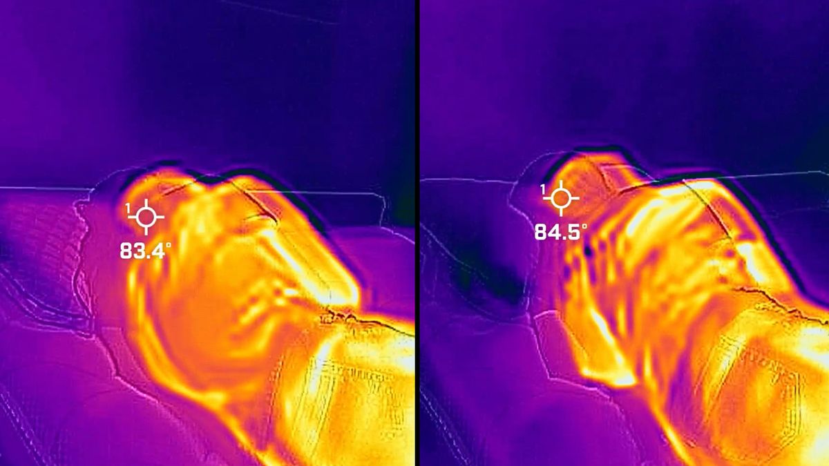 On the left, tester Frances lies on the Helix Cooling Memory Foam Pillow. After 6 minutes, the temperature is 83.4. On the right, tester Frances lies on the Hotel Collection Pillow. After 6 minutes, the temperature is 84.5