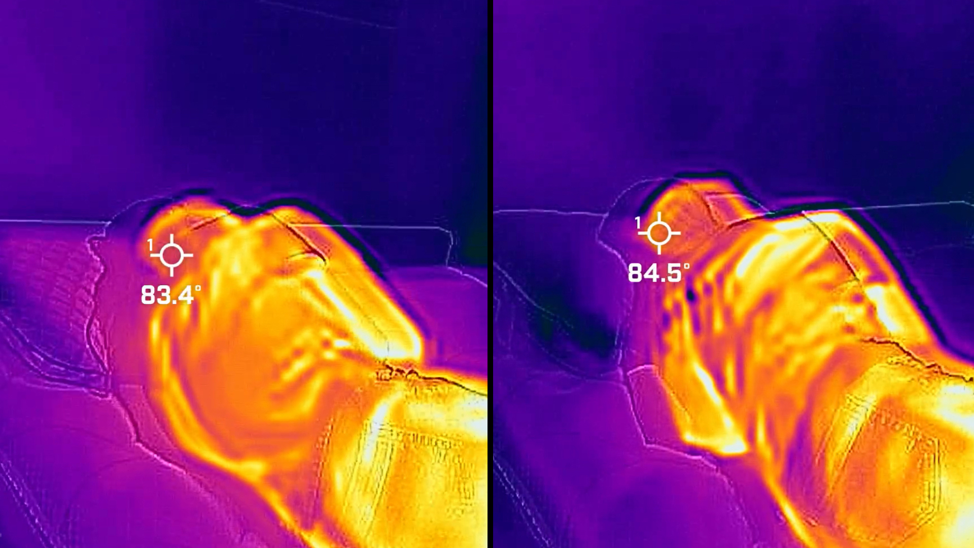 On the left, tester Frances lies on the Helix Cooling Memory Foam Pillow. After 6 minutes, the temperature is 83.4. On the right, tester Frances lies on the Hotel Collection Pillow. After 6 minutes, the temperature is 84.5