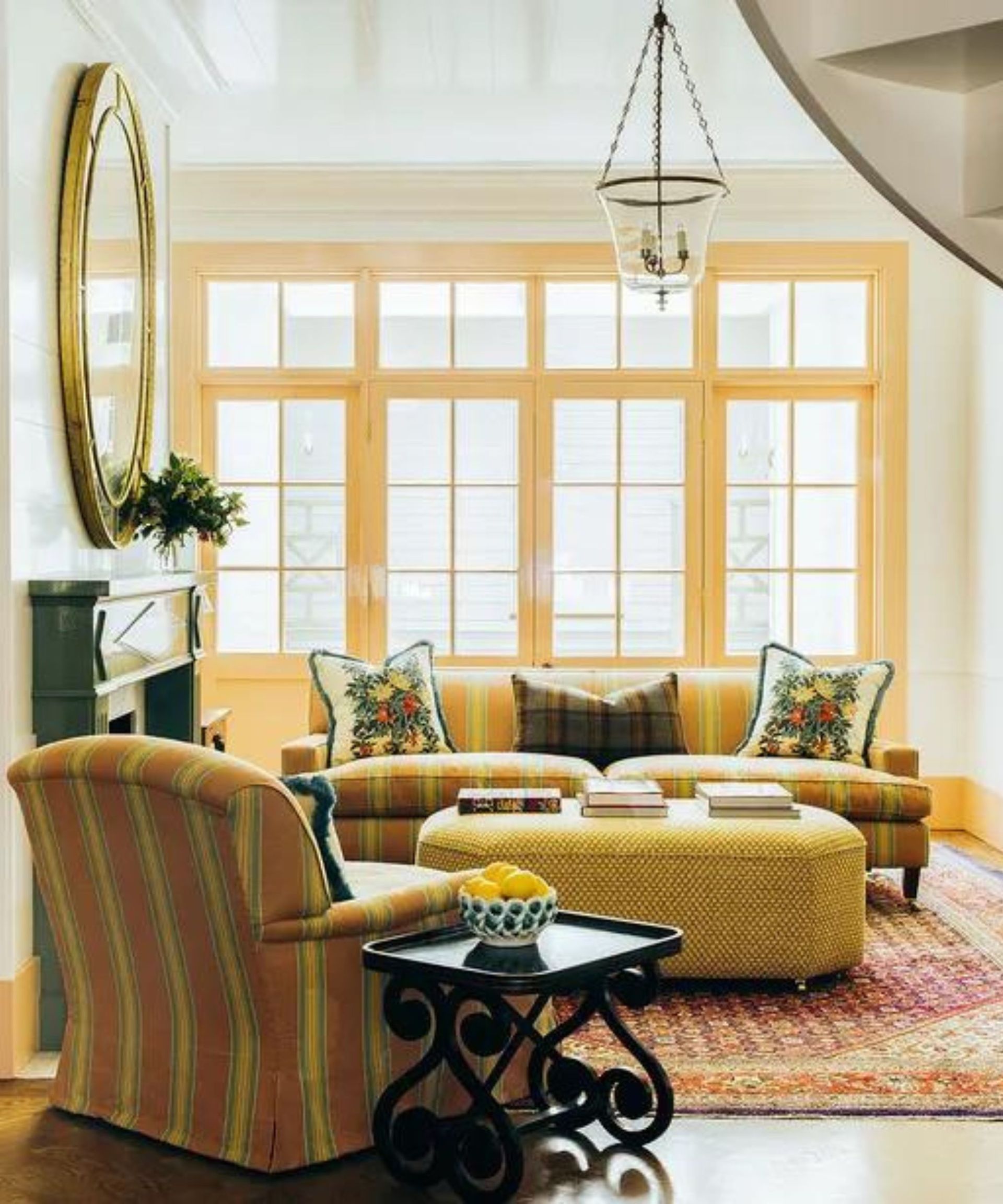 yellow livjng room with white gloss walls and yellow windows