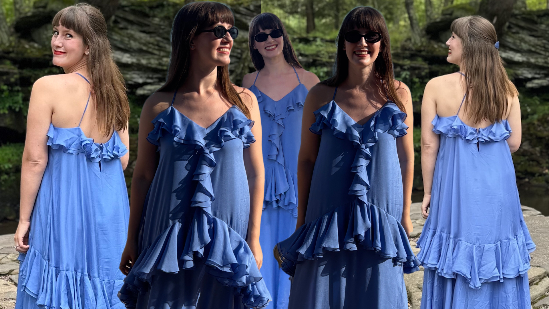 Halie LeSavage wearing a Delphine dress to several weddings
