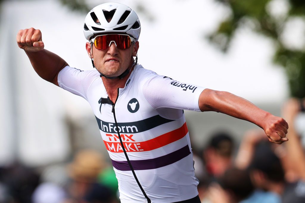 BALLARAT AUSTRALIA JANUARY 15 Blake Quick of Australia celebrates at finish line as race winner during the Australian Cycling National Championships 2022 Mens U23 Road Race a 1392km race from Ballarat to Ballarat AusCyclingAus on January 15 2022 in Ballarat Australia Photo by Con ChronisGetty Images