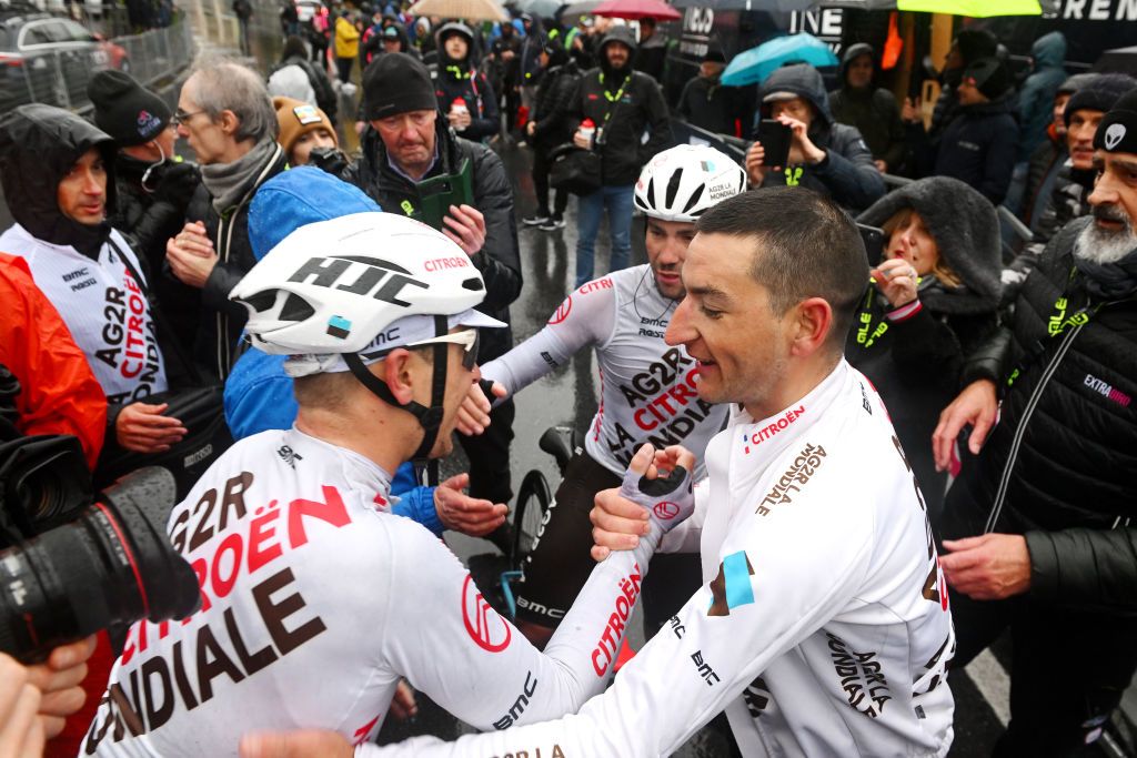 LAIGUEGLIA ITALY MARCH 01 Nans Peters of France and Ag2R Citroen Team celebrates at finish line as race winner with his teammates Benoit Cosnefroy of France and Andrea Vendrame of Italy during the 60th Trofeo Laigueglia 2023 a 2013km one day race in Laigueglia TrofeoLaigueglia on March 01 2023 in Laigueglia Italy Photo by Dario BelingheriGetty Images
