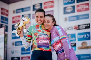DNA Pro Cycling teammates at 2022 Vuelta Colombia, Diana Peñuela (right) winning GC and Anet Barrera named Best Foreign rider