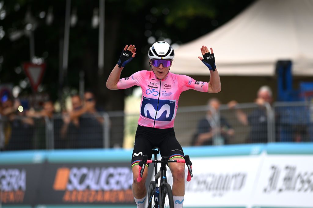 CANELLI ITALY JULY 05 Annemiek Van Vleuten of The Netherlands and Movistar Team celebrates at finish line as stage winner during the 34th Giro dItalia Donne 2023 Stage 6 a 1044km stage from Canelli to Canelli 315m UCIWWT on July 05 2023 in Canelli Italy Photo by Dario BelingheriGetty Images