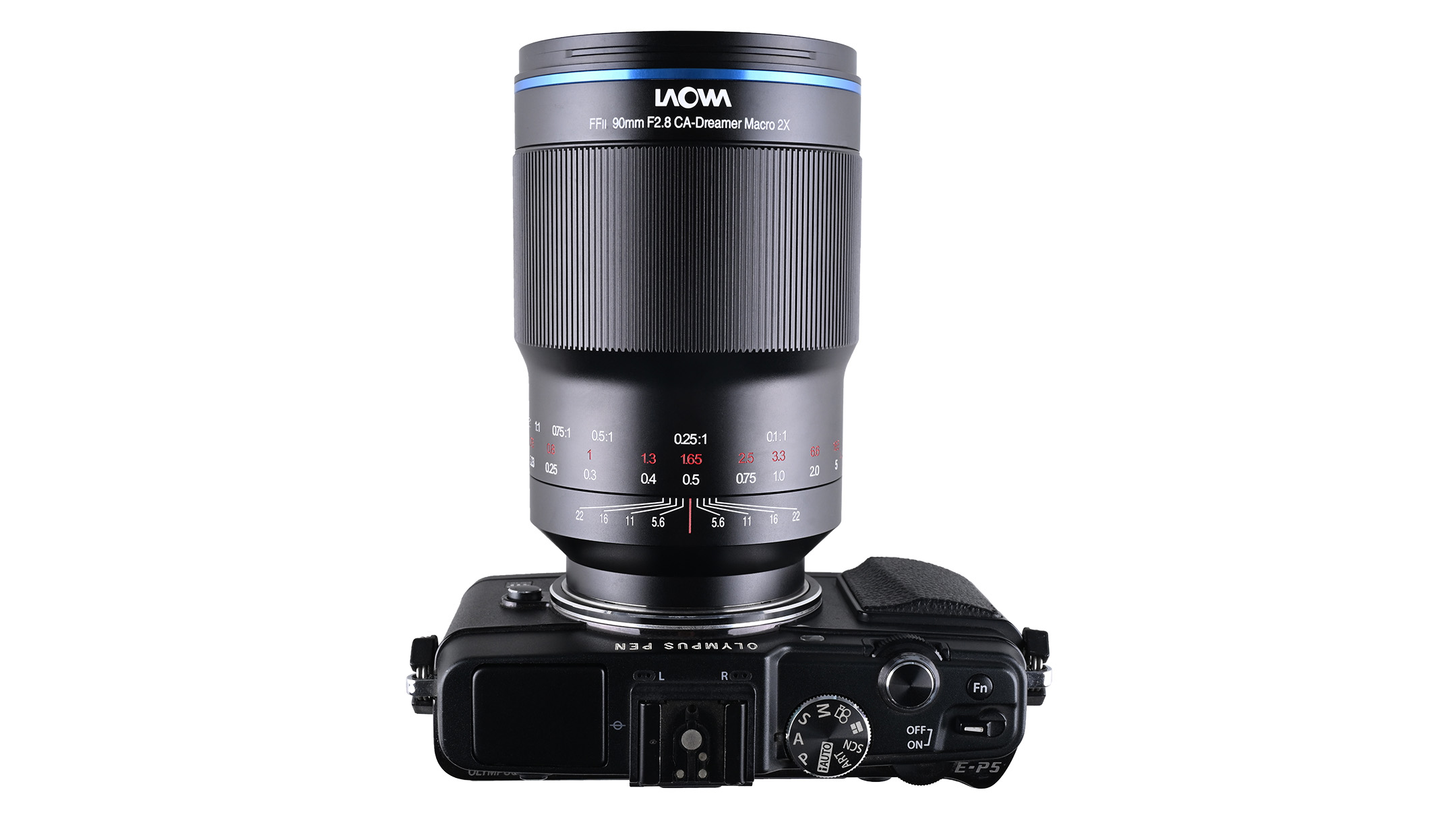 A black Laowa digital camera lens attached to a camera body.