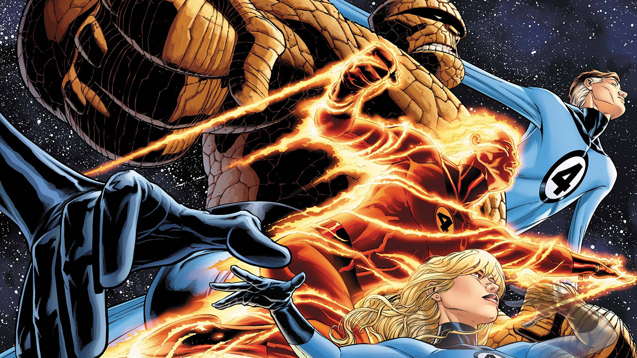 four illustrated characters, two in blue jumpsuits, one on fire, and a rock man fly through space.