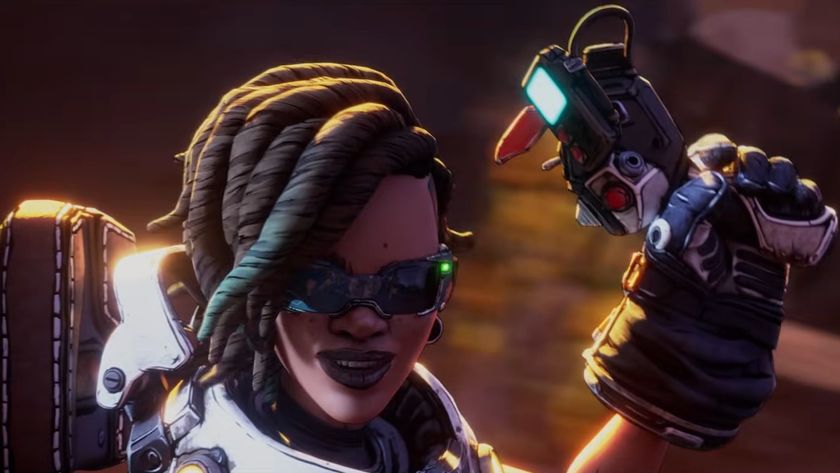Borderlands 4 Harlow character close up holding a detonator