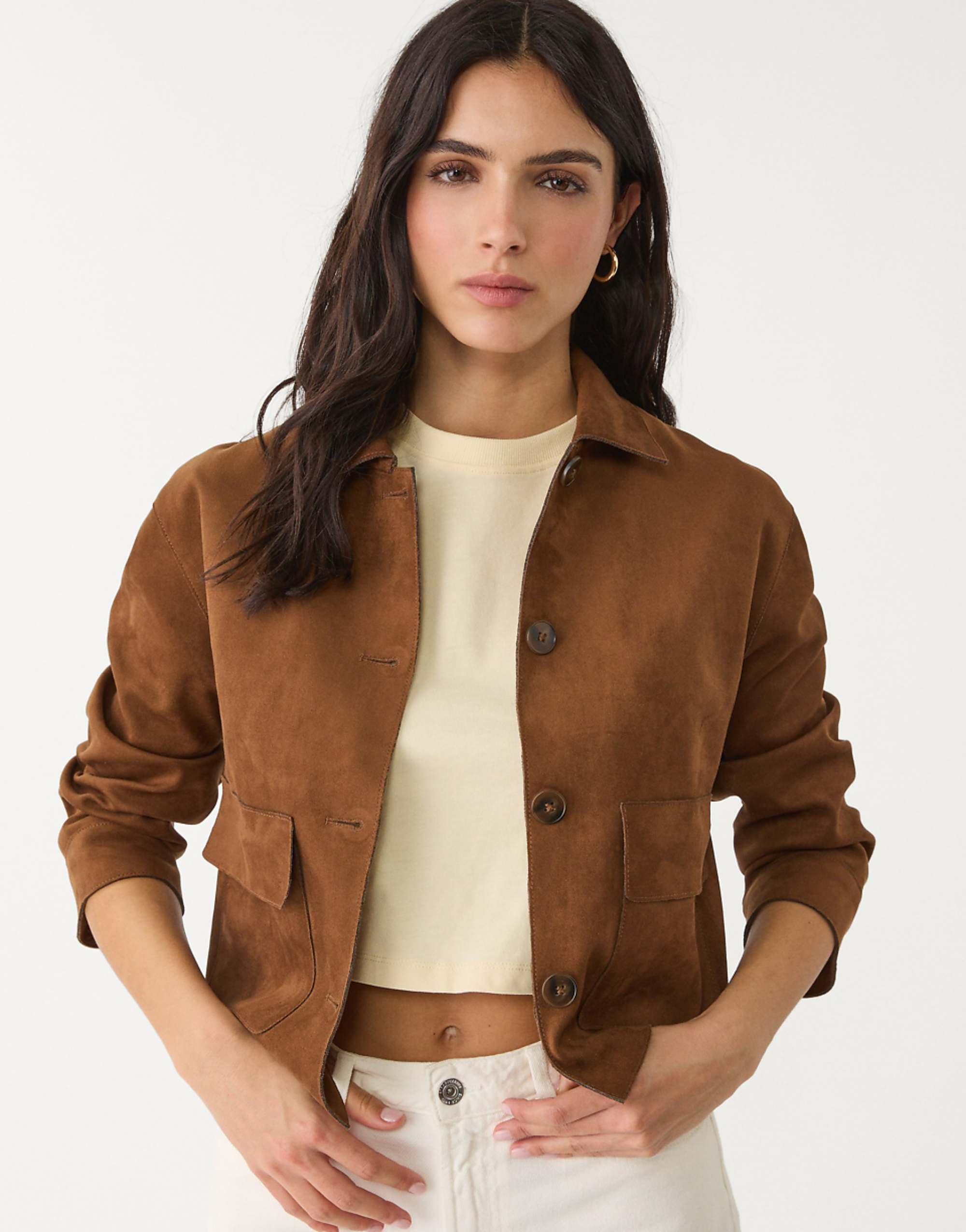 Stradivarius Faux Suede Jacket With Pockets in Brown