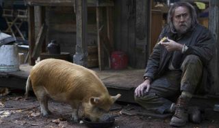 Nicolas Cage posing with a pig