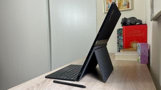 Lenovo ThinkPad X1 Fold 16 review unit on desk with ports facing camera