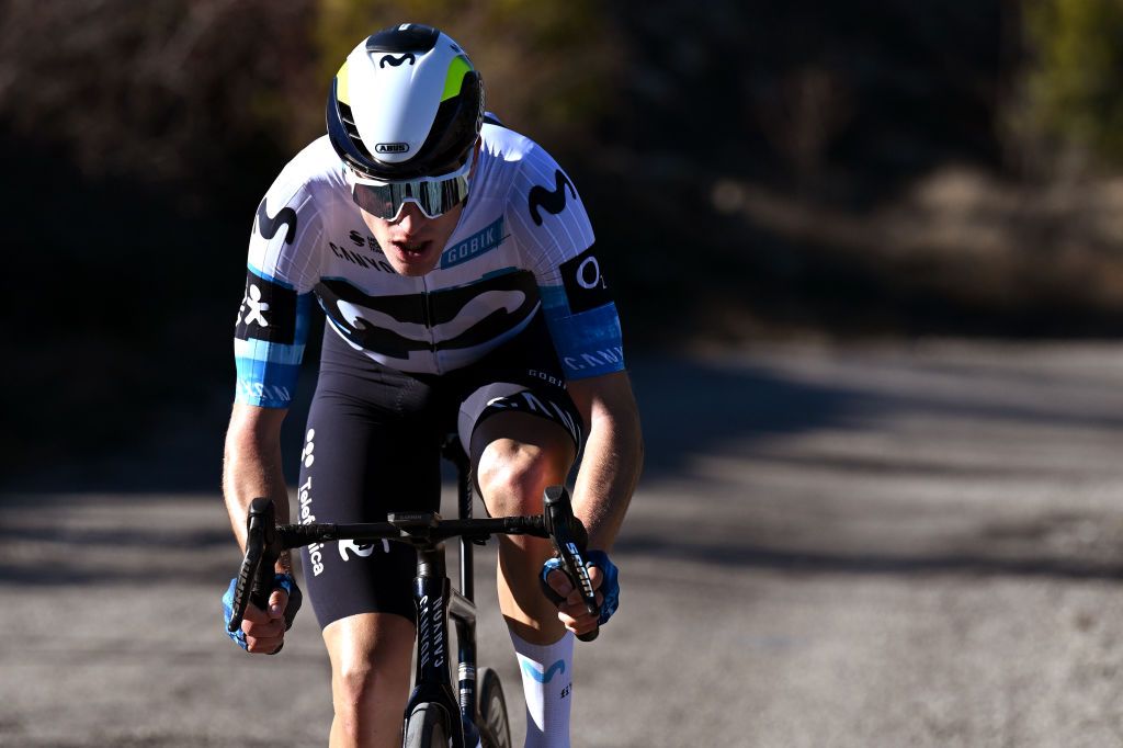 PORTELL DE MORELLA SPAIN FEBRUARY 08 Pablo Castrillo of Spain and Movistar Team competes in the breakaway during the 76th Volta a la Comunitat Valenciana 2025 Stage 4 a 181km stage from Oropesa del Mar to Portell de Morella 1078m on February 08 2025 in Portell de Morella Spain Photo by Szymon GruchalskiGetty Images