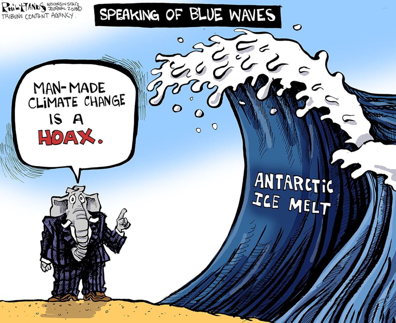 Political cartoon U.S. Republicans climate change man-made ocean Antarctic ice melt