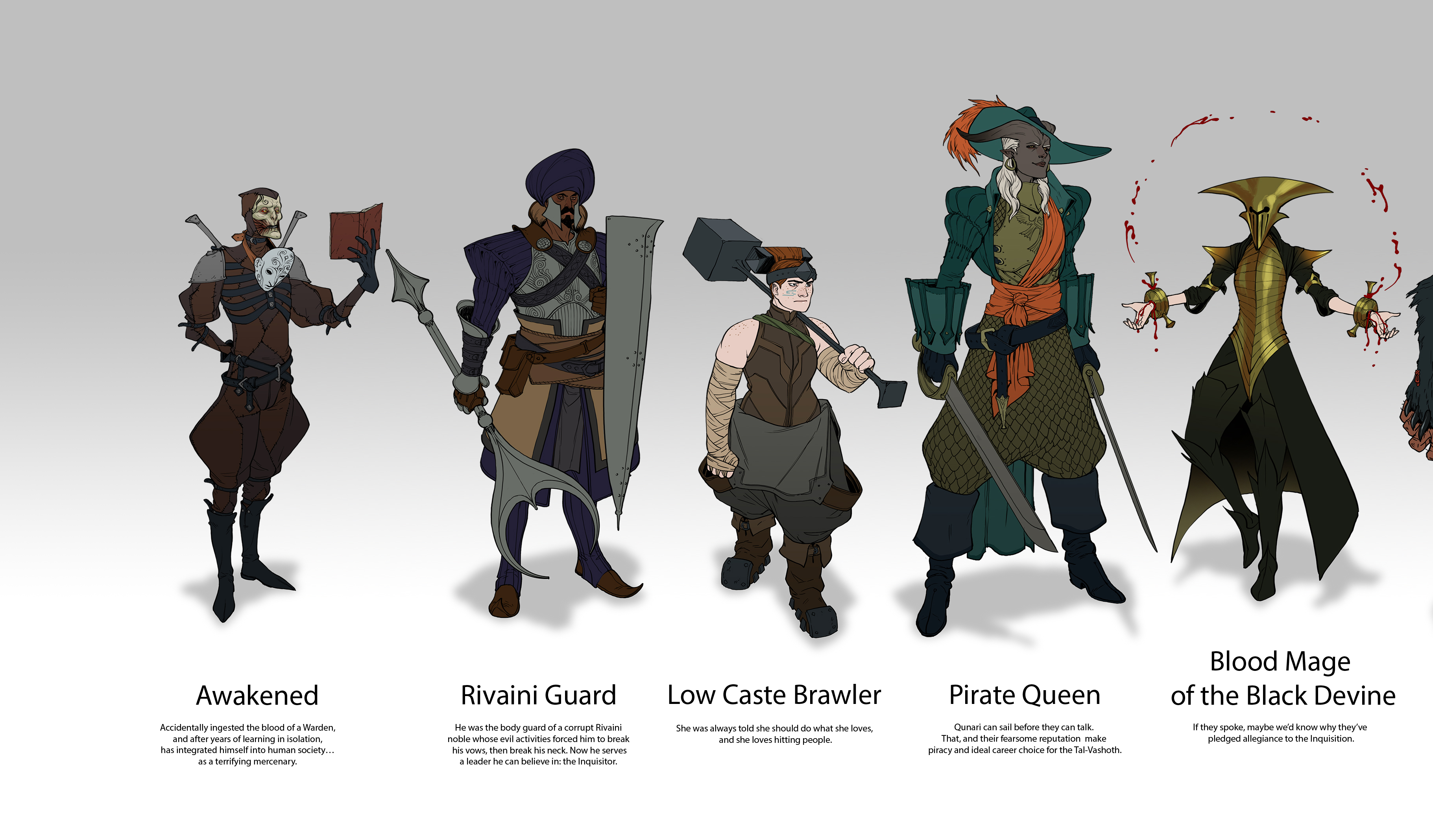 Dragon Age character concepts, including an undead assassin and Qunari swashbuckler