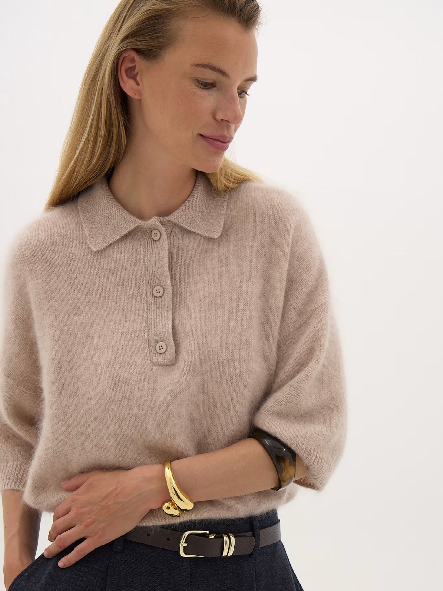 Hush Ziggy Brushed Wool Polo Tee in Oatmeal on model