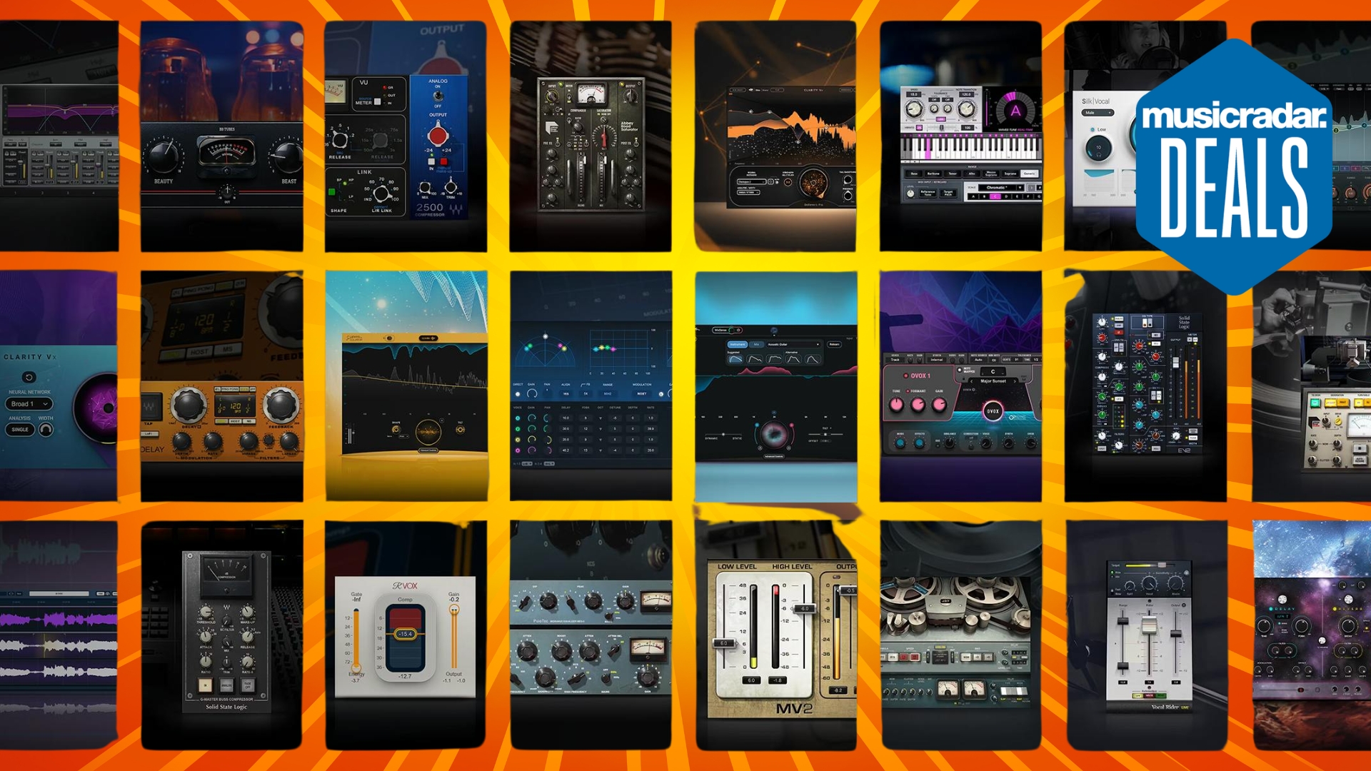 A selection of Waves plugins on a yellow and orange background