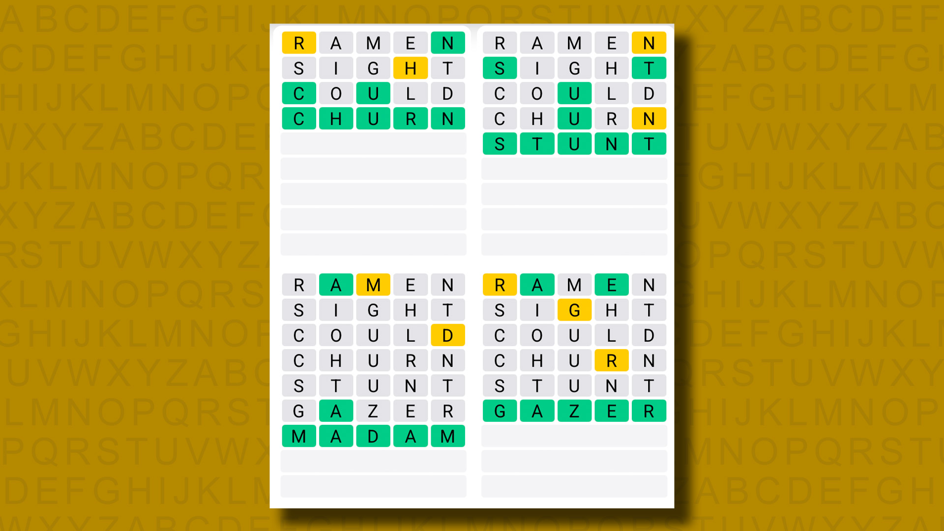 Quordle answers for game 1339 on a yellow background