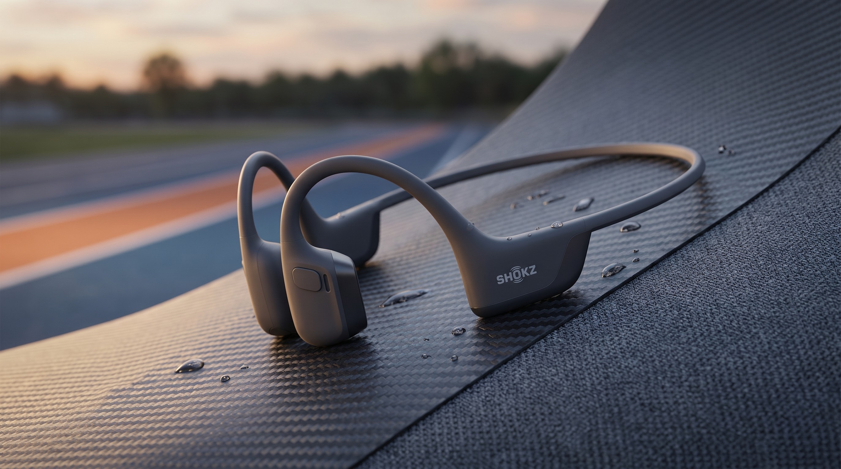 The Shokz OpenRun Pro 2 in the foreground with an athletics track in the background.