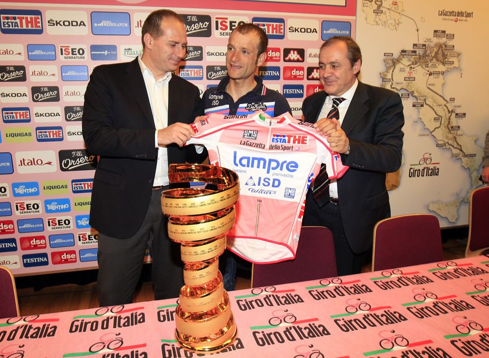 Michele Scarponi was awarded his Giro d'Italia trophy and pink jersey before the 2012 race.