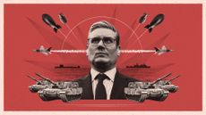 Keir Starmer and military imagery, including tanks, warships, submarines and artillery