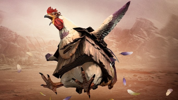 A large chicken with a mechanical, armored body in a desert landscape.