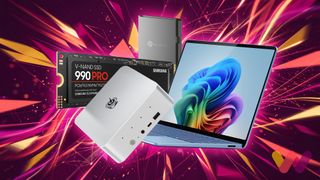 A collection of modern tech, including a Samsung 990 PRO NVMe SSD, a Seagate external hard drive, a Surface laptop, and an Beelink mini PC — arranged against a vibrant background with light streaks
