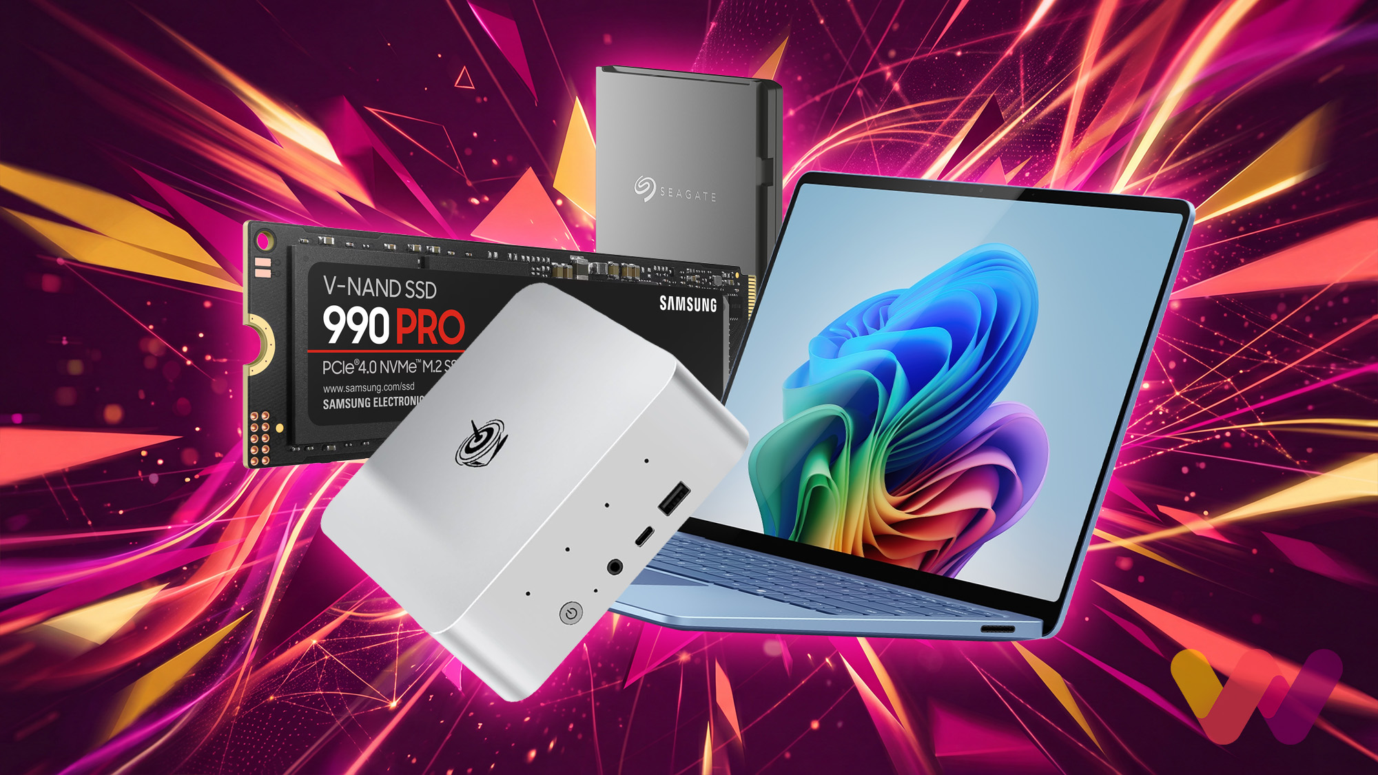 A collection of modern tech, including a Samsung 990 PRO NVMe SSD, a Seagate external hard drive, a Surface laptop, and an Beelink mini PC &mdash; arranged against a vibrant background with light streaks