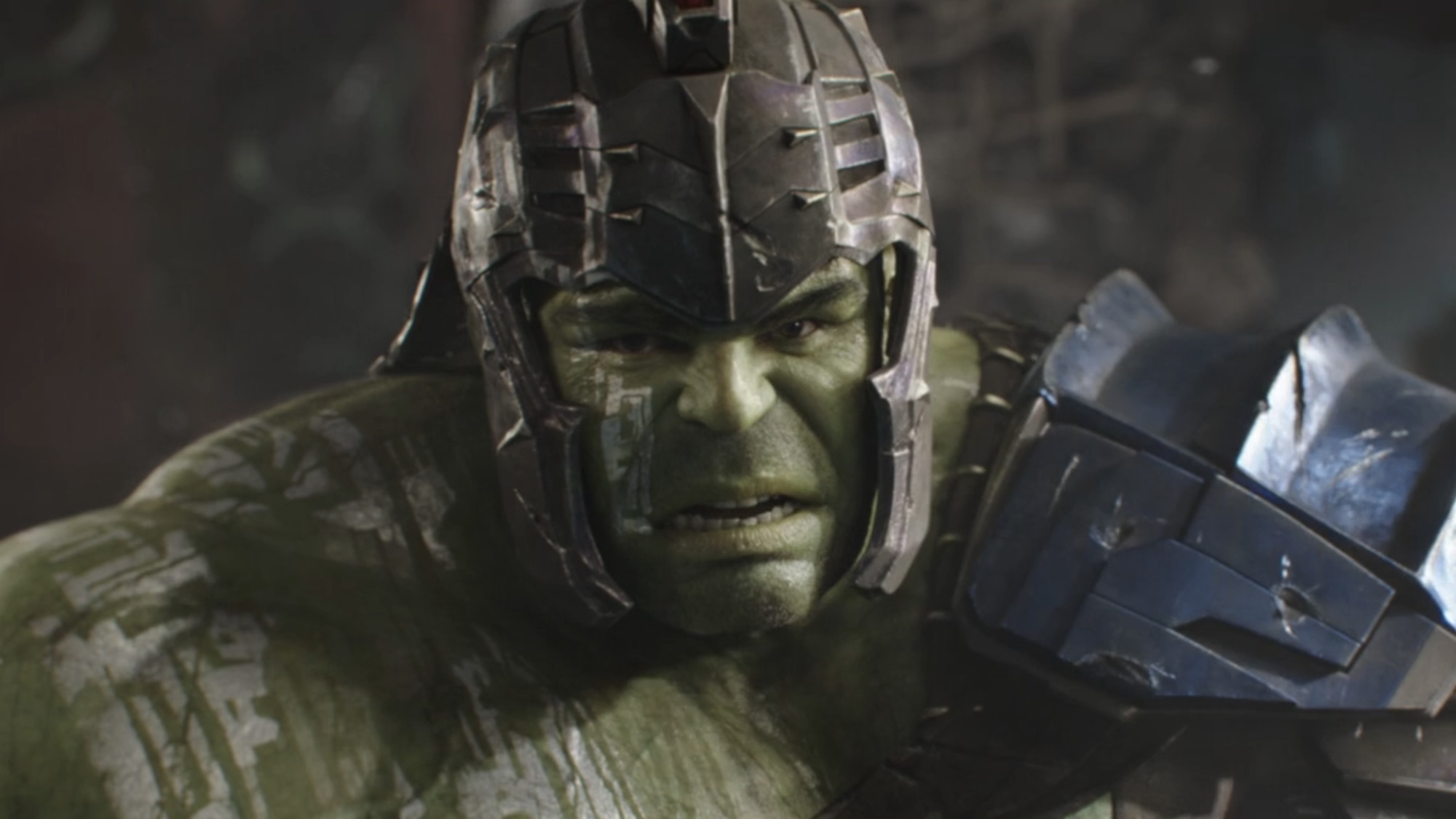 Hulk in armor looking angry during Thor: Ragnarok. 